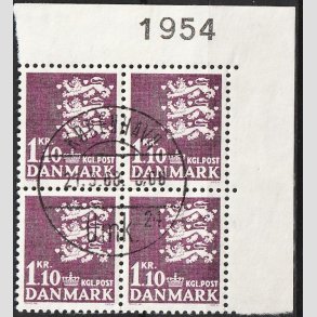 FRIMRKER DANMARK | 1965 - AFA 436 - Rigsvben - 1,10 Kr. mrkviolet i 4-blok m.marginal - Stemplet