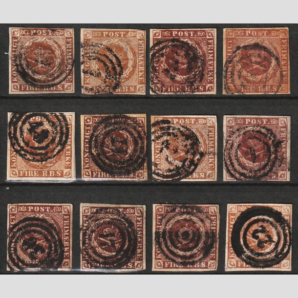 FRIMRKER DANMARK | 1851-54 - AFA 1 - 4 R.B.S - 12 stk. div. i blandet kvalitet - Stemplet