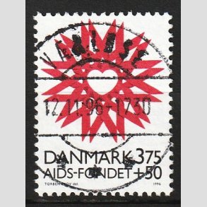 FRIM�RKER DANMARK | 1996 - AFA 1130 - AIDS-Fondet - 3,75 Kr. + 50 �re r�d/sort - Pragt Stemplet V�rl�se