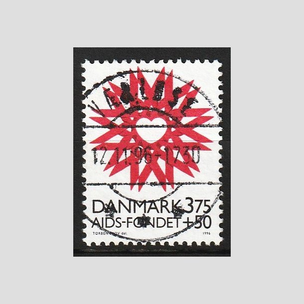 FRIM�RKER DANMARK | 1996 - AFA 1130 - AIDS-Fondet - 3,75 Kr. + 50 �re r�d/sort - Pragt Stemplet V�rl�se