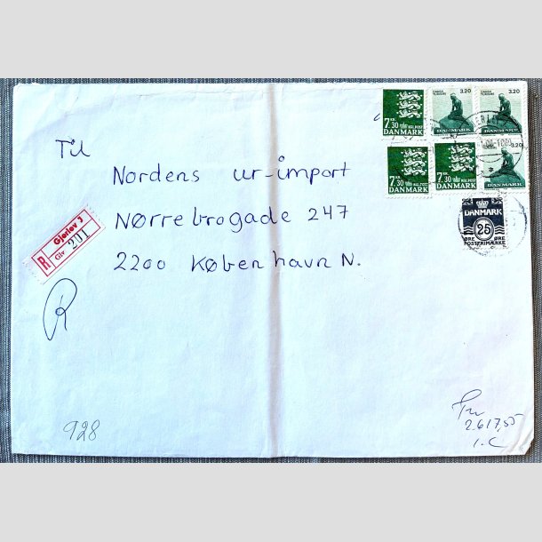 FRIM�RKER DANMARK | 1989 - AFA 928 - Rigsv�ben - "R" brugsbrev med 3 x 7,30 Kr. gr�n - Gjerlev J./Kbh.N