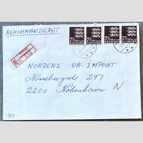 FRIM�RKER DANMARK | 1989 - AFA 929 - Rigsv�ben - "R" forsendelse, brev med 4 x 7,70 Kr. m�rklilla - Ballerup/Kbh. N