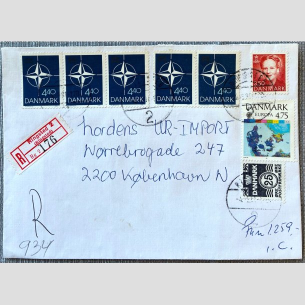 FRIM�RKER DANMARK | 1989 - AFA 934 - Danmark i NATO 40 �r. - "R" brugsbrev med 5 x 4,40 Kr. - Ringsted/Kbh.N 