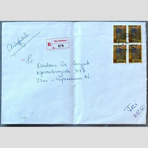 FRIM�RKER DANMARK | 1991 - AFA 991 - Jyske Lov 750 �r. - "R" brugsbrev med 4 x 8,25 Kr. - Viby Sj./Kbh. N 