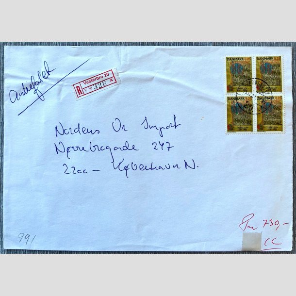 FRIM�RKER DANMARK | 1991 - AFA 991 - Jyske Lov 750 �r. - "R" brugsbrev med 4 x 8,25 Kr. - Kbh. V/Kbh. N 