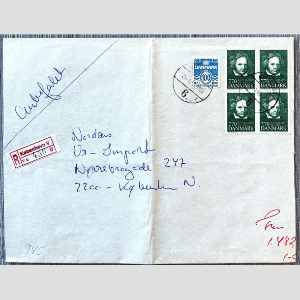 FRIM�RKER DANMARK | 1989 - AFA 945 - B. S. Ingemann - "R" brugsbrev med 4 x 7,70 Kr. - Kbh. V/Kbh. N 