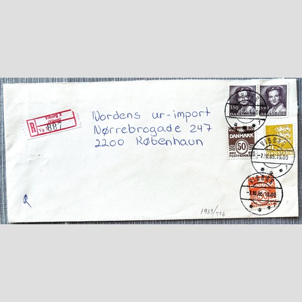 FRIM�RKER DANMARK | 1985 - AFA 821 - Dronning Margrethe - "R" brugsbrev 2 x 3,50 Kr. brunviolet - Viborg/Kbh. N 