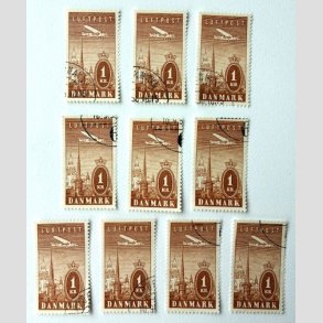 FRIM�RKER DANMARK | 1934 - AFA 220 - Ny Luftpost 1 Kr. brun x 10 stk. - Flot hj�rne Stemplet (AFA 1.800,-)