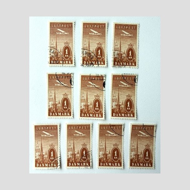 FRIM�RKER DANMARK | 1934 - AFA 220 - Ny Luftpost 1 Kr. brun x 10 stk. - Flot hj�rne Stemplet (AFA 1.800,-)