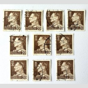 FRIM�RKER DANMARK | 1961-62 - AFA 393F - Frederik IX - 20 �re brun Flour papir x 10 stk. - Stemplet
