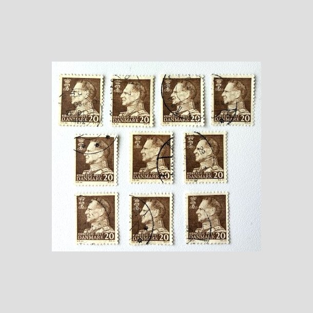 FRIM�RKER DANMARK | 1961-62 - AFA 393F - Frederik IX - 20 �re brun Flour papir x 10 stk. - Stemplet