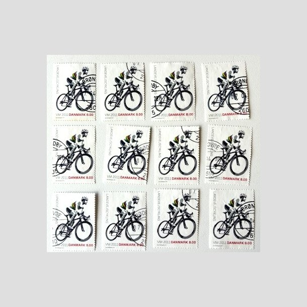 FRIM�RKER DANMARK | 2011 - AFA 1674 - WM i landevejscykling - 8,00 Kr. flerfarvet x 12 stk.- P�nt stemplet