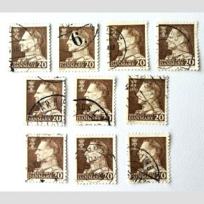 FRIM�RKER DANMARK | 1961-62 - AFA 393F - Frederik IX - 20 �re brun Flour papir x 10 stk. - Stemplet
