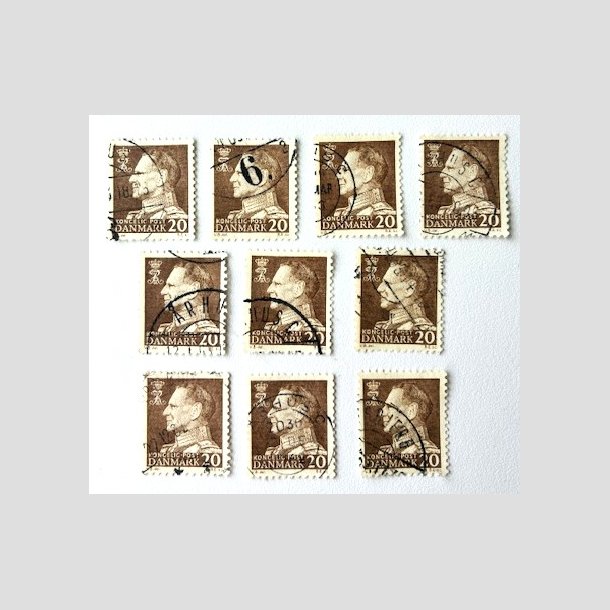 FRIM�RKER DANMARK | 1961-62 - AFA 393F - Frederik IX - 20 �re brun Flour papir x 10 stk. - Stemplet