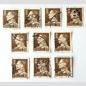 FRIM�RKER DANMARK | 1961-62 - AFA 393F - Frederik IX - 20 �re brun Flour papir x 10 stk. - Stemplet