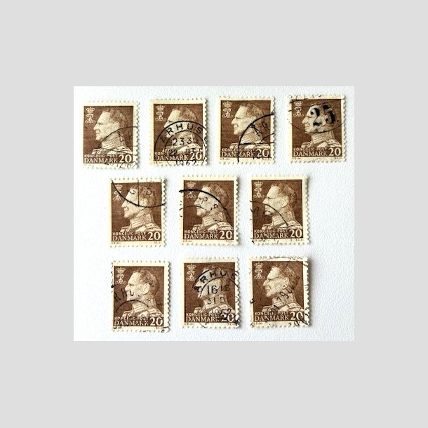FRIM�RKER DANMARK | 1961-62 - AFA 393F - Frederik IX - 20 �re brun Flour papir x 10 stk. - Stemplet