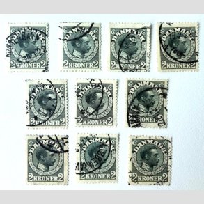 FRIM�RKER DANMARK | 1913 - AFA 76 - Chr. X 2 Kroner skifergr� x 10 stk. - Stemplet