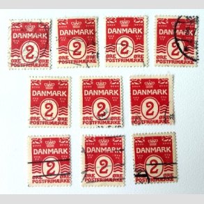 FRIM�RKER DANMARK | 1917 - AFA 78A - B�lgelinie 2 �re r�d Krone III x 10 stk. - Stemplet (AFA 1.200,-)