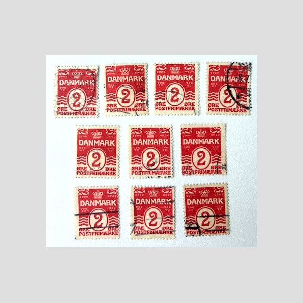 FRIM�RKER DANMARK | 1917 - AFA 78A - B�lgelinie 2 �re r�d Krone III x 10 stk. - Stemplet (AFA 1.200,-)