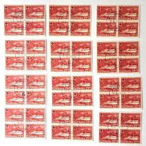FRIM�RKER DANMARK | 1951 - AFA 333 - Jutlandia 25 + 5 �re r�d - 12 x 4-blok - Lux Stemplet