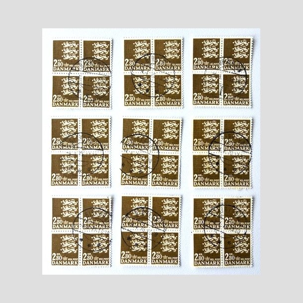 FRIM�RKER DANMARK | 1975 - AFA 587 - Rigsv�ben 2,80 Kr. olivenbrun 4-blok x 9 stk. - P�nt Stemplet