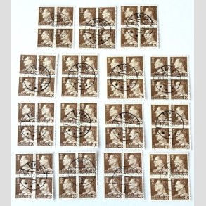 FRIM�RKER DANMARK | 1965 - AFA 431F - Frederik IX - 40 �re brun i 4-blok x 15 stk. - P�nt Stemplet