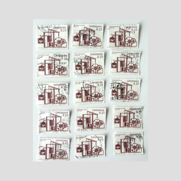 FRIM�RKER DANMARK | 1990 - AFA 961 - Dampmaskinen 200 �r. - 8,25 Kr. brunr�d x 15 stk. - Stemplet