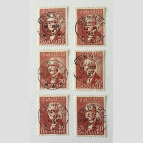 FRIM�RKER DANMARK | 1947 - AFA 305 - I. C. Jacobsen - 20 �re brunr�d x 6 stk. - Pragt Stemplet