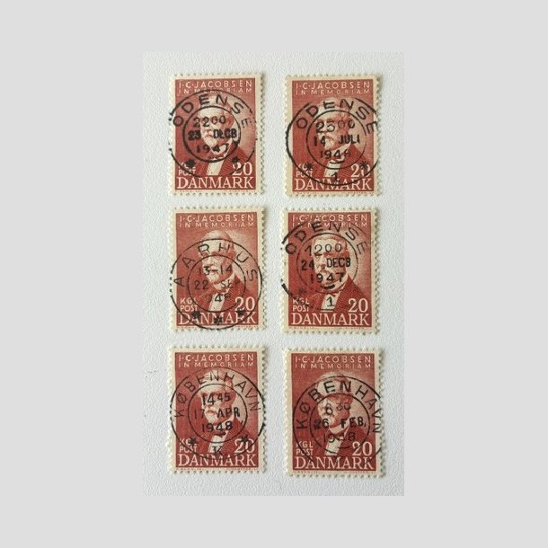 FRIM�RKER DANMARK | 1947 - AFA 305 - I. C. Jacobsen - 20 �re brunr�d x 6 stk. - Pragt Stemplet