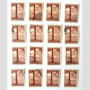 FRIM�RKER DANMARK | 1953 - AFA 345 - Skamlingsbanken - 30 + 5 �re r�d x 16 stk. - Flot hj�rnestemplet