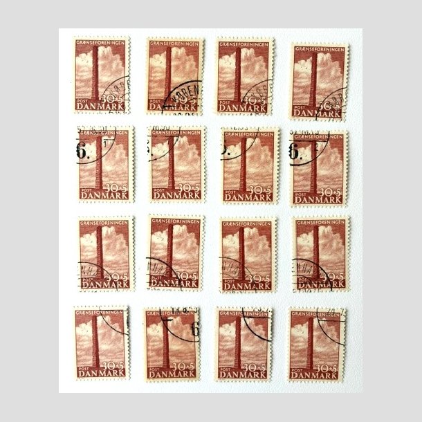 FRIM�RKER DANMARK | 1953 - AFA 345 - Skamlingsbanken - 30 + 5 �re r�d x 16 stk. - Flot hj�rnestemplet