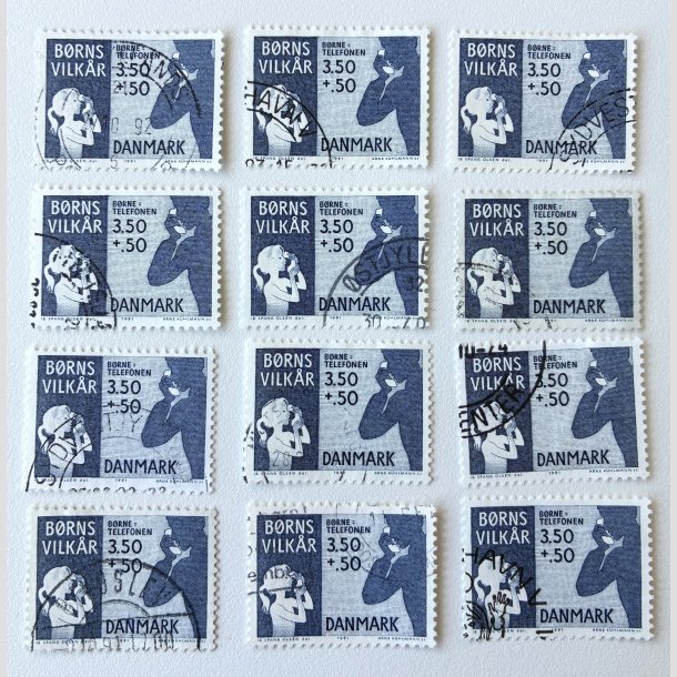 FRIM�RKER DANMARK | 1991 - AFA 992 - B�rns Vilk�r - 12 x 3,50 + 0,50 Kr. bl� - P�nt stemplet