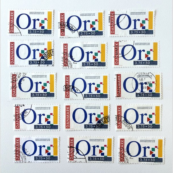 FRIM�RKER DANMARK | 1992 - AFA 1025 - Ord-blindesagen 50 �r - 15 x 3,75 Kr. + 50 �re flerfarvet - P�nt Stemplet