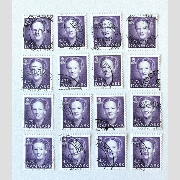 FRIM�RKER DANMARK | 1992 - AFA 1018 - Dronning Margrethe - 4,75 Kr. violet x 16 stk. - Stemplet