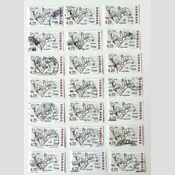 FRIM�RKER DANMARK | 1995 - AFA 1087 - Danske sm��er - 21 x 4,75 Kr. flerfarvet - P�nt Stemplet 