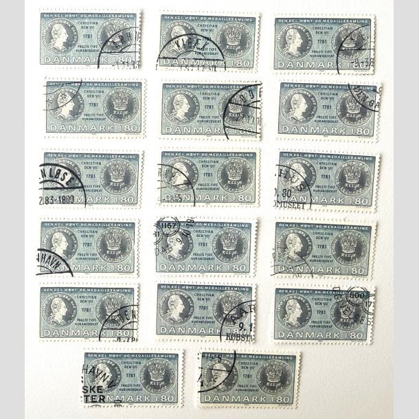 FRIM�RKER DANMARK | 1980 - AFA 710 - Gamle danske m�nter - 17 x 1,80 Kr. bl�/bl�gr�n - Flot Stemplet