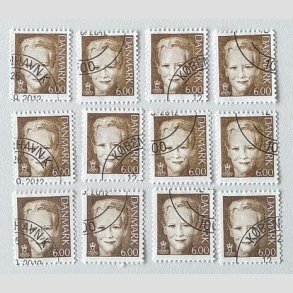 FRIM�RKER DANMARK | 2001 - AFA 1285 - Dronning Margrethe II - 6,00 kr. brun x 12 stk. - Stemplet