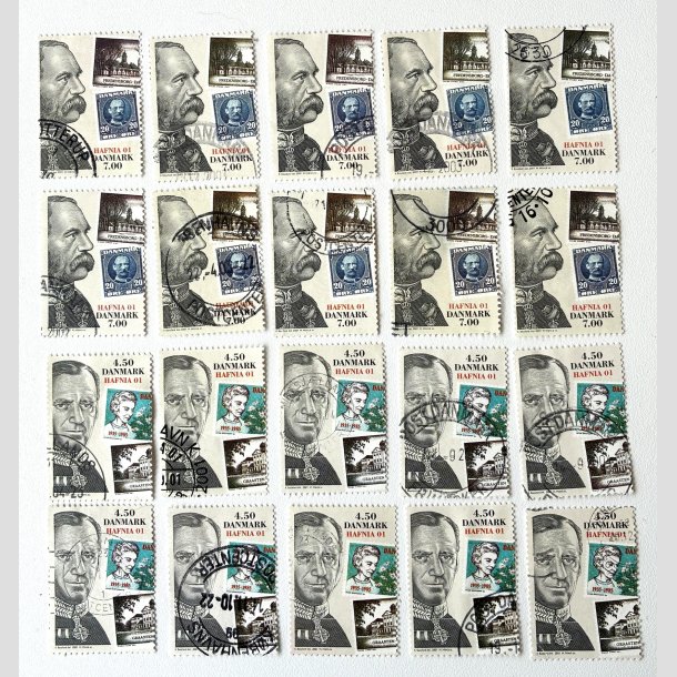 FRIM�RKER DANMARK | 2001 - AFA 1297+95 - HAFNIA 01 UDSTILLING - 10 x 7,00 kr. + 10 x 4,50 kr. - Stemplet