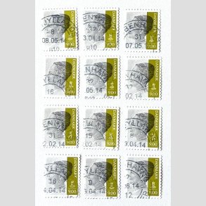FRIM�RKER DANMARK | 2011 - AFA 1644E - Dronning Margrethe - 9,00 Kr. gr�/olivgr�n x 12 stk. - Stemplet