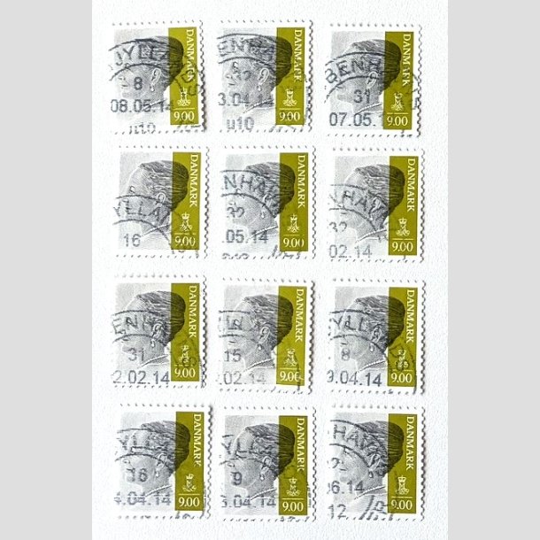 FRIM�RKER DANMARK | 2011 - AFA 1644E - Dronning Margrethe - 9,00 Kr. gr�/olivgr�n x 12 stk. - Stemplet