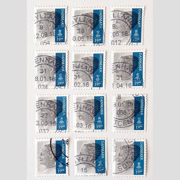 FRIM�RKER DANMARK | 2014 - AFA 1802 - Dronning Margrethe II - 19,00 Kr. gr�/m�rkbl� x 12 stk. - Stemplet 