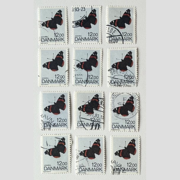 FRIM�RKER DANMARK | 1993 - AFA 1040 - Sommerfugle - 12,00 Kr. flerfarvet x 12 stk. - Stemplet