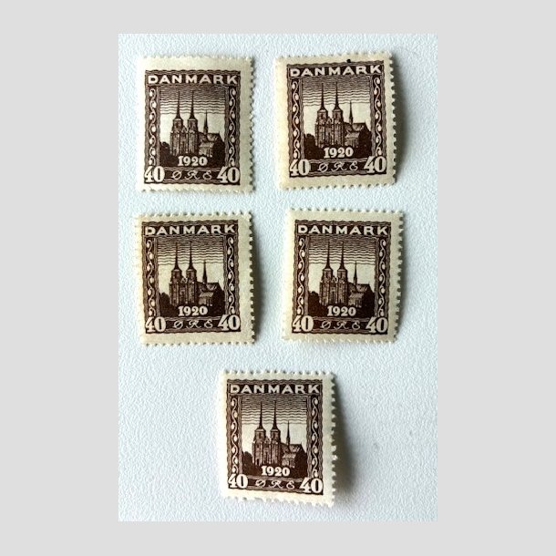 FRIM�RKER DANMARK | 1920-21 - AFA 114 - Genforening 40 �re brun x 5 stk. - Ubrugt
