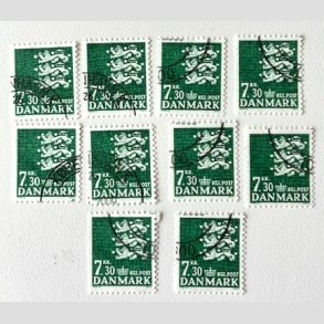 FRIM�RKER DANMARK | 1989 - AFA 928 - Rigsv�ben - 7,30 Kr. gr�n x 10 stk. - P�nt Stemplet 