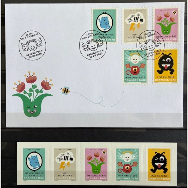 FRIMRKER DANMARK | 2020 - AFA 2011-15 - Skriv med omtanke. - Komplet 5-stribe + FDC - Postfrisk