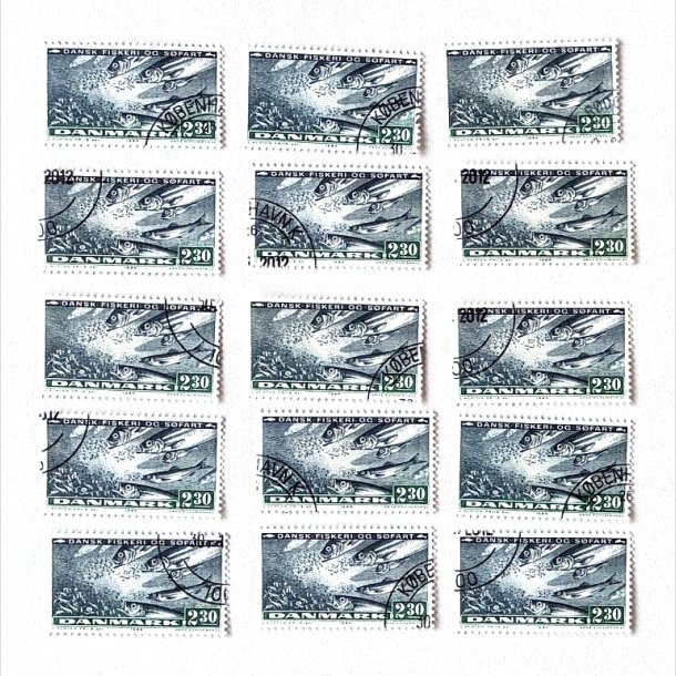 FRIM�RKER DANMARK | 1984 - AFA 809 - Fiskeri og s�fart - 15 x 2,30 Kr. sortbl�/gr�n - P�nt Stemplet