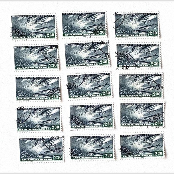 FRIM�RKER DANMARK | 1984 - AFA 809 - Fiskeri og s�fart - 15 x 2,30 Kr. sortbl�/gr�n - P�nt Stemplet