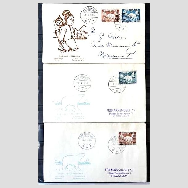 FRIMRKER GRNLAND | 1956 - AFA 37,38 - Provisorier - i st og enkelt p 3 x FDC - Stemplet