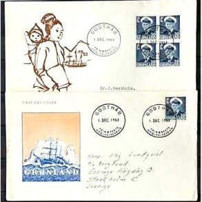 FRIMRKER GRNLAND | 1953 - AFA 36 - Frederik IX - 30 re bl enkelt+4-blok p 2 x FDC- Stemplet