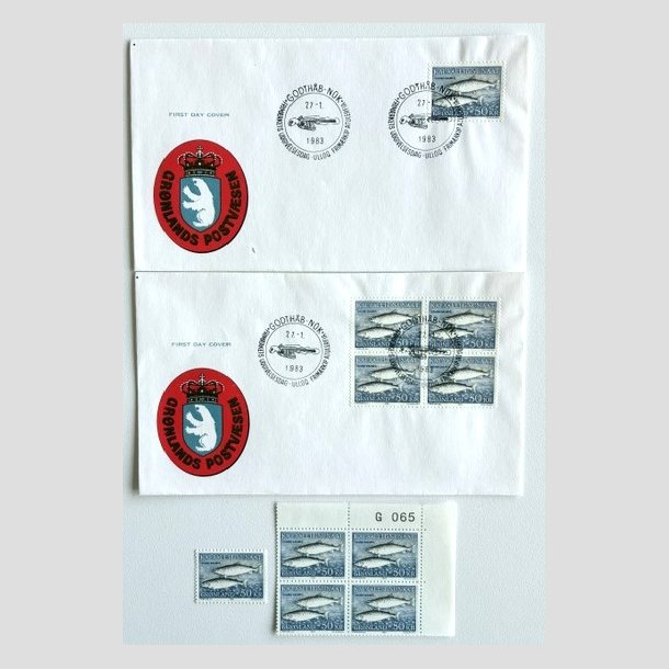 FRIM�RKER GR�NLAND | 1983 - AFA 140 - Sk�llaks - 50,00 kr. 2 x FDC + Marginal + Enkelt - Postfrisk